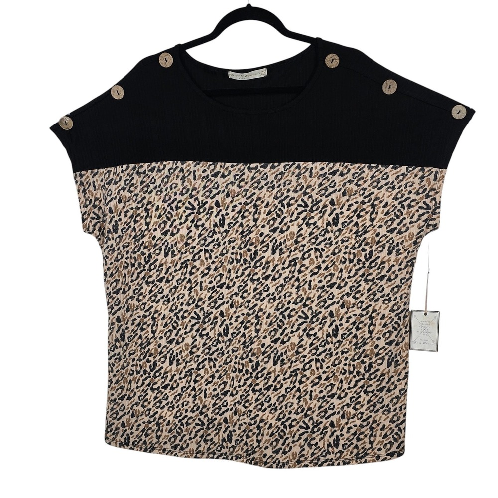 Fair Haven Women 2XL Leopard Print Colorblock Ribbed Top Accent Buttons NWT‎